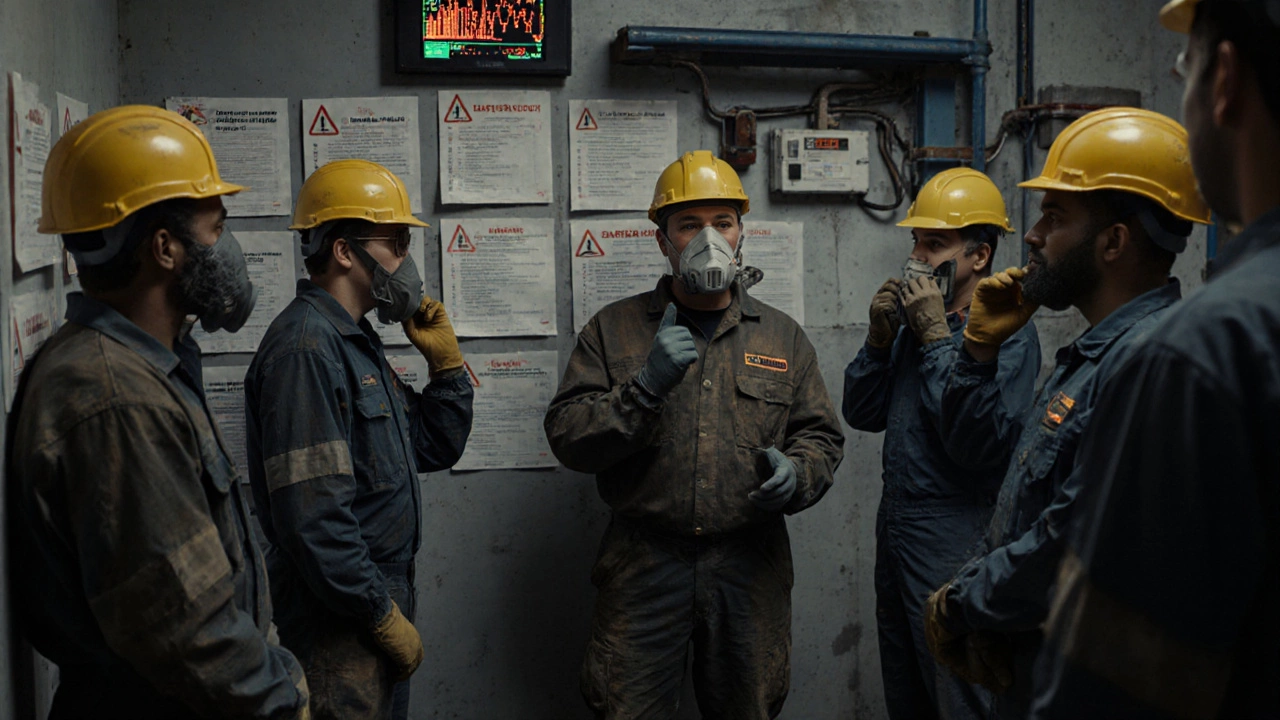 Бригадир проводит ежедневный инструктаж по безопасности перед сменой, работники внимательно слушают.