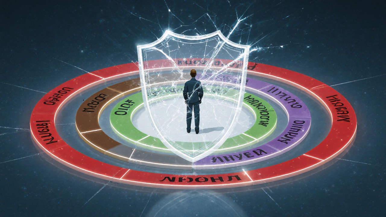 Человек в центре пяти опасных зон, над ним трескается щит безопасности.