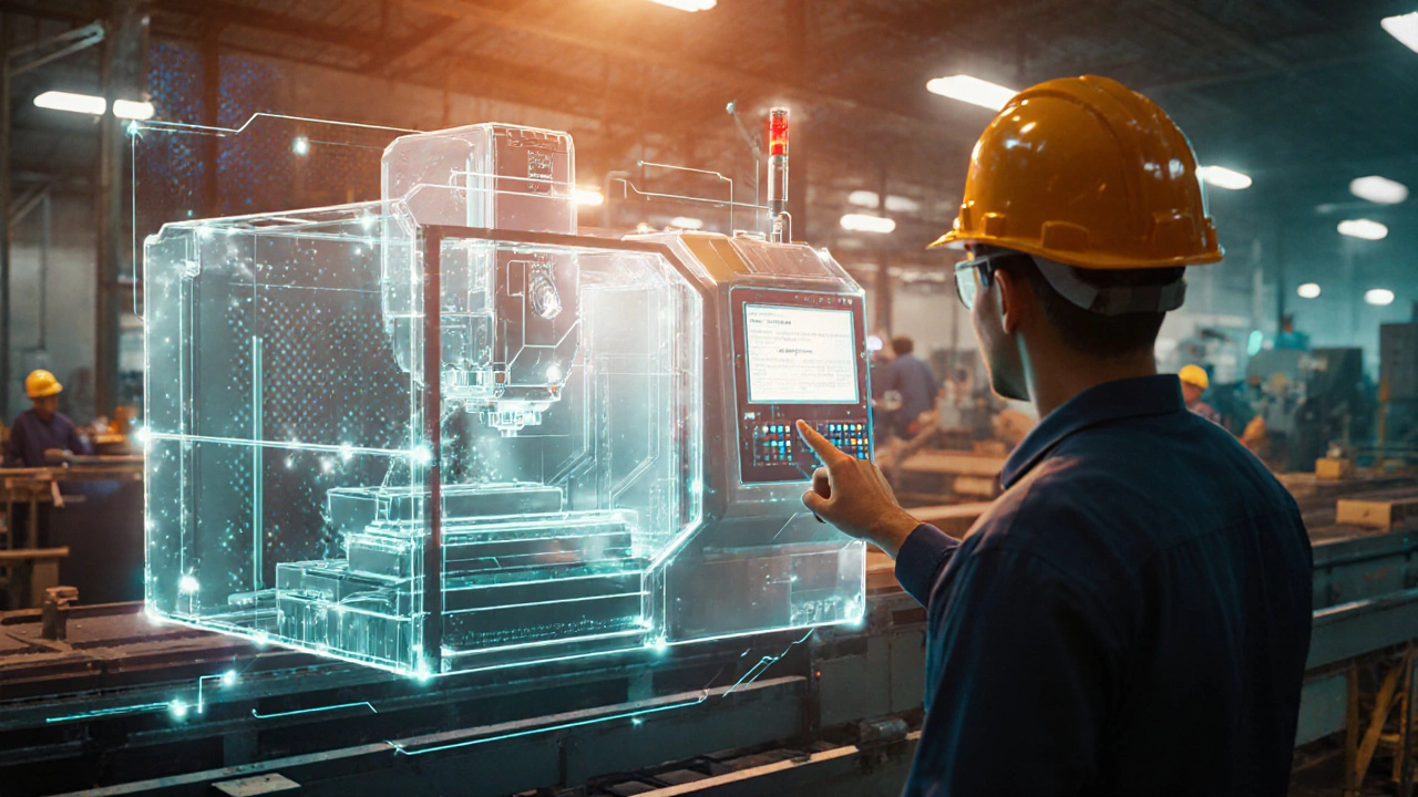 Цифровой двойник машины наложен на реальный станок с потоками данных между ними.