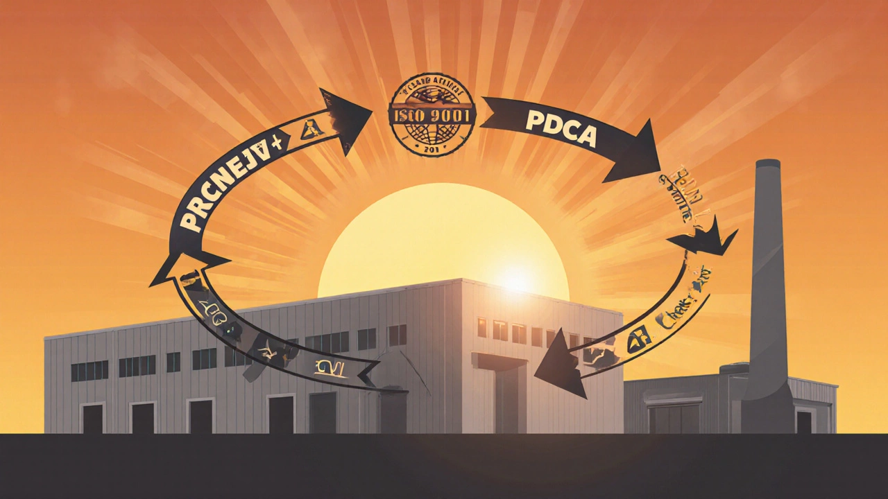 Цикл PDCA в виде стрелок над фабричным силуэтом, символизирующий улучшение качества.