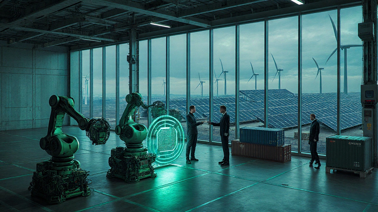 Футуристический завод с роботами, зелёной энергией и экспортными контейнерами.