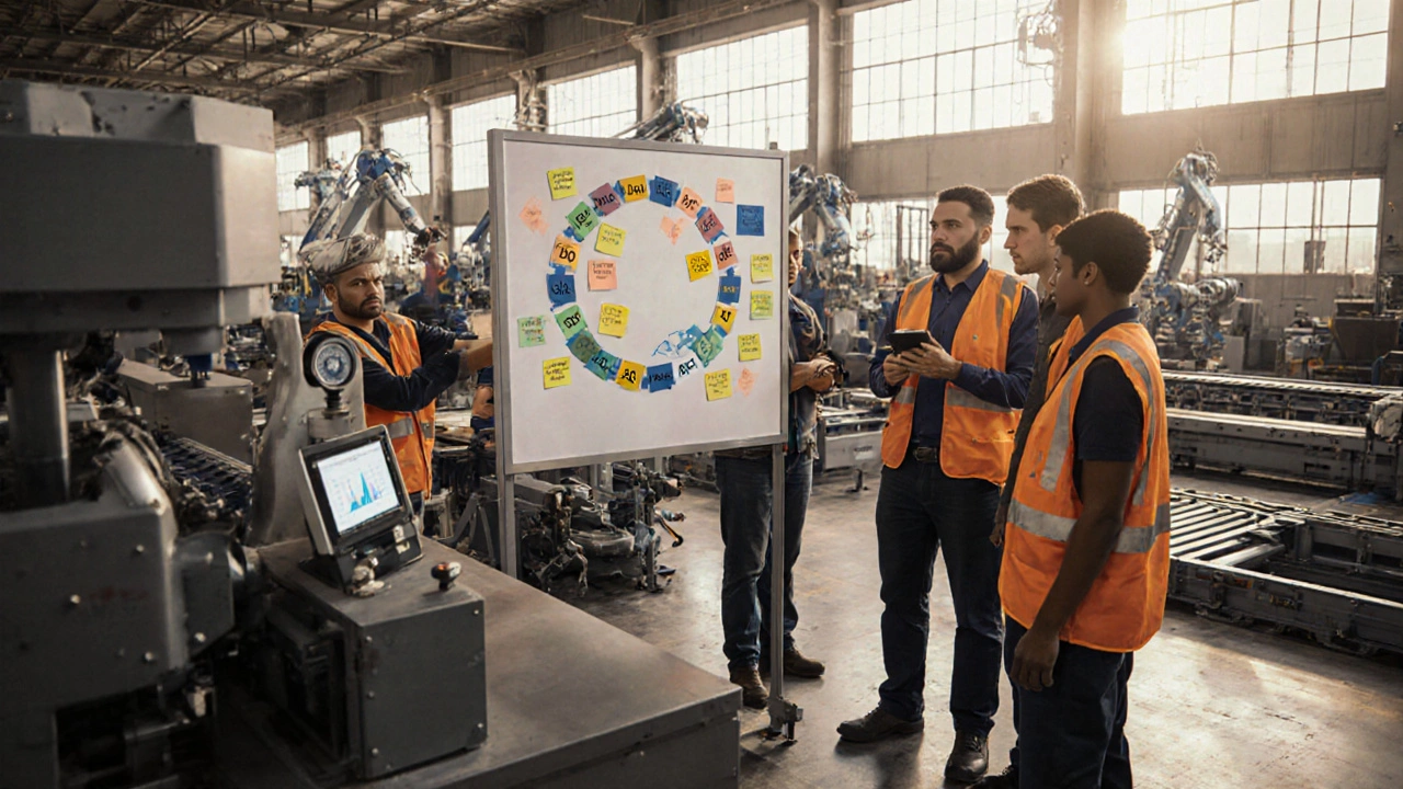 Команда на заводе обсуждает цикл PDCA у доски, пока работают машины.