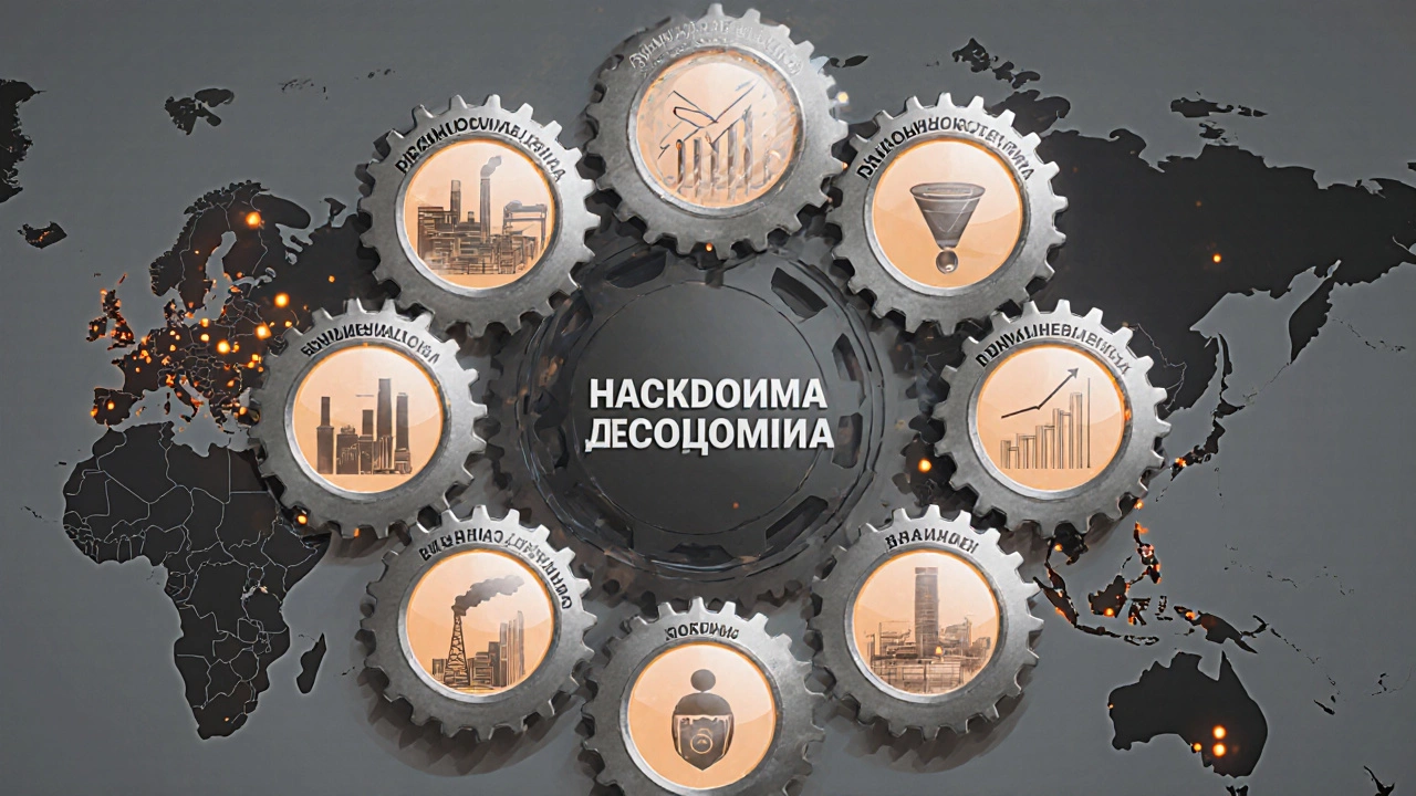 Концептуальная машина из шестерёнок, каждая представляет функцию предприятия, на фоне карты России.