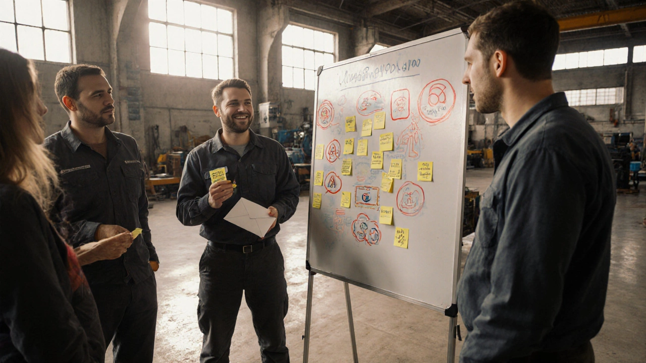 Рабочие обсуждают идеи улучшений на доске с наклейками и конвертом бонуса.