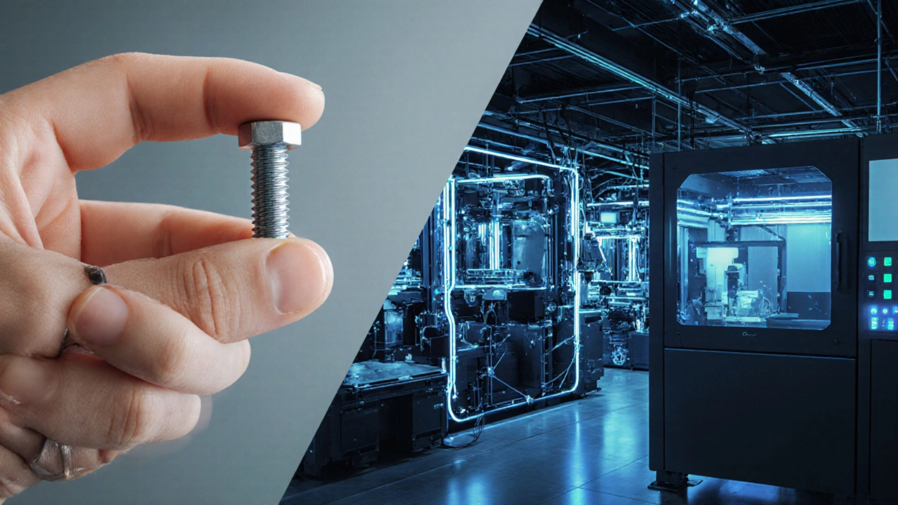 Разделённое изображение: винт и автоматизированная линия производства с потоками данных.