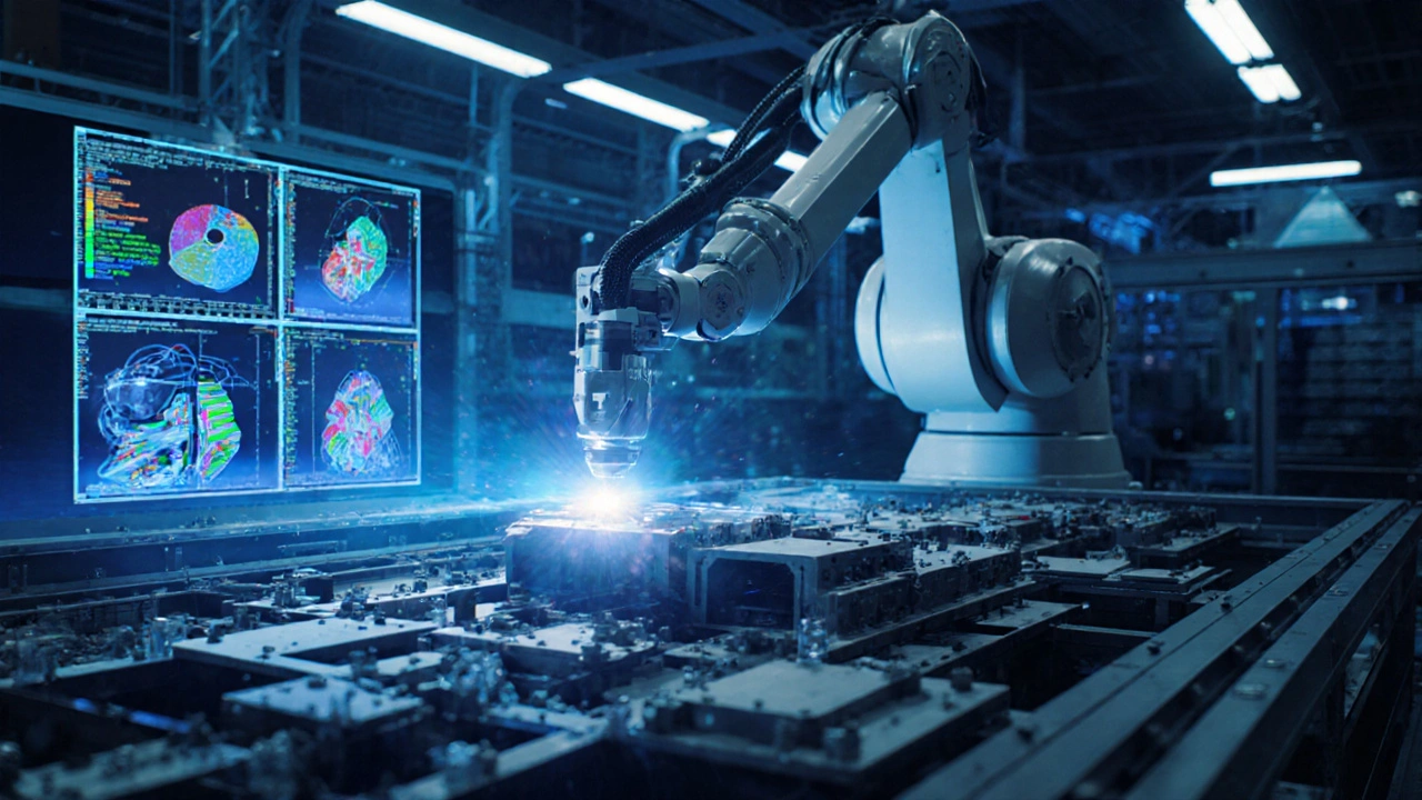 Робот с лазерным резаком обрабатывает металлическую деталь в современном цеху с цифровыми дисплеями.