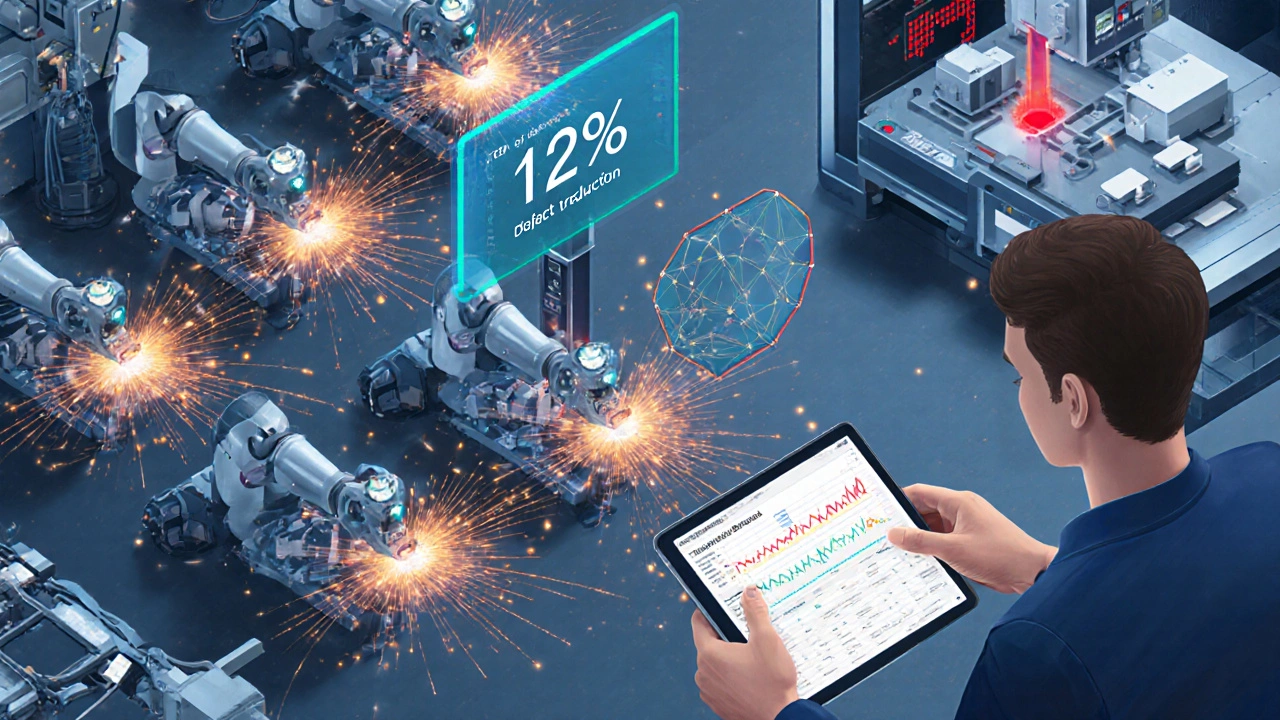 Роботизированная сборочная линия автозавода с IoT‑датчиками и инженером, контролирующим параметры.