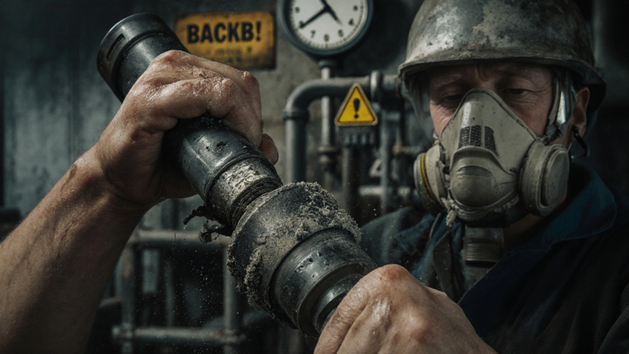 Руки рабочего с пылью и треснувшая маска, за спиной — часы ночи.