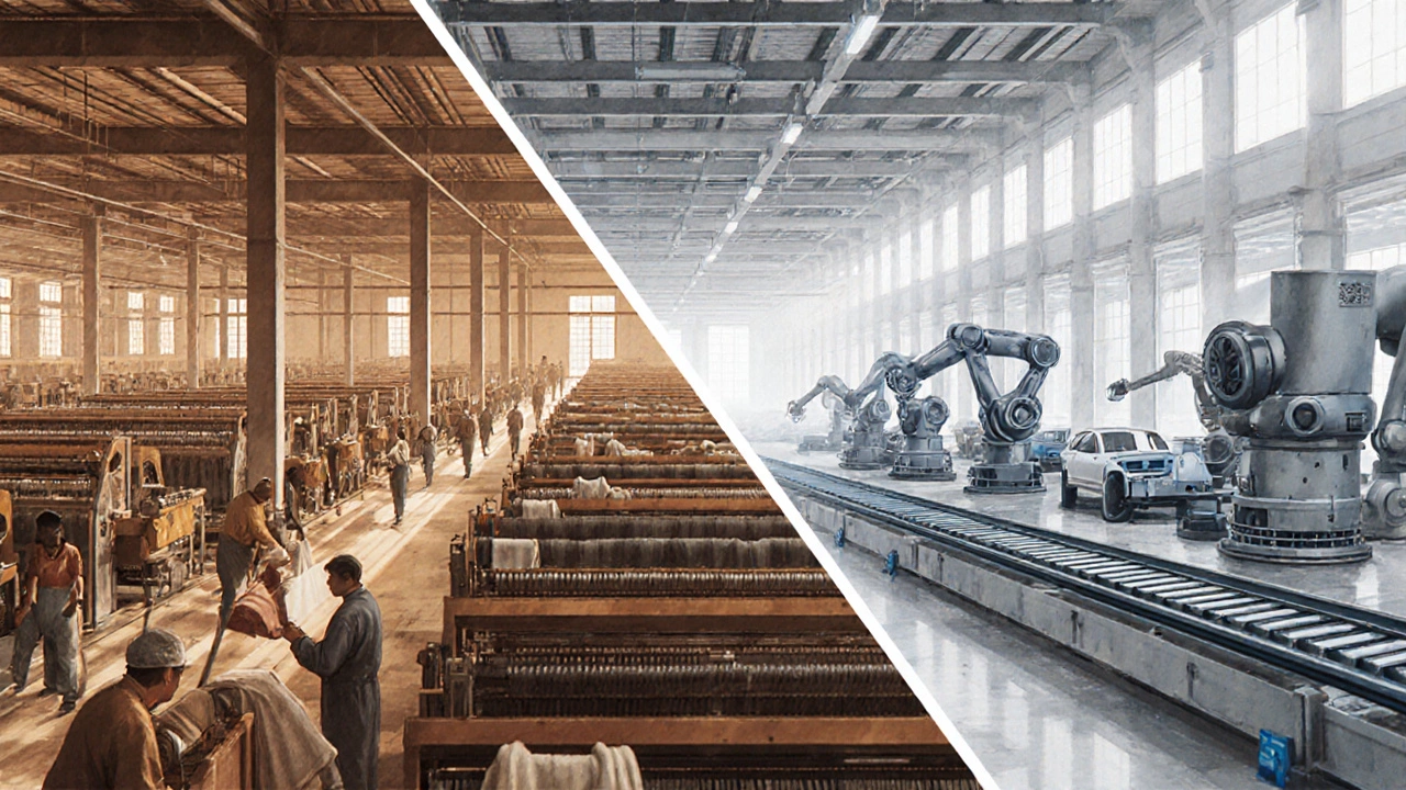 Сцена, сравнивающая текстильную фабрику с ручным трудом и автозавод с роботами.