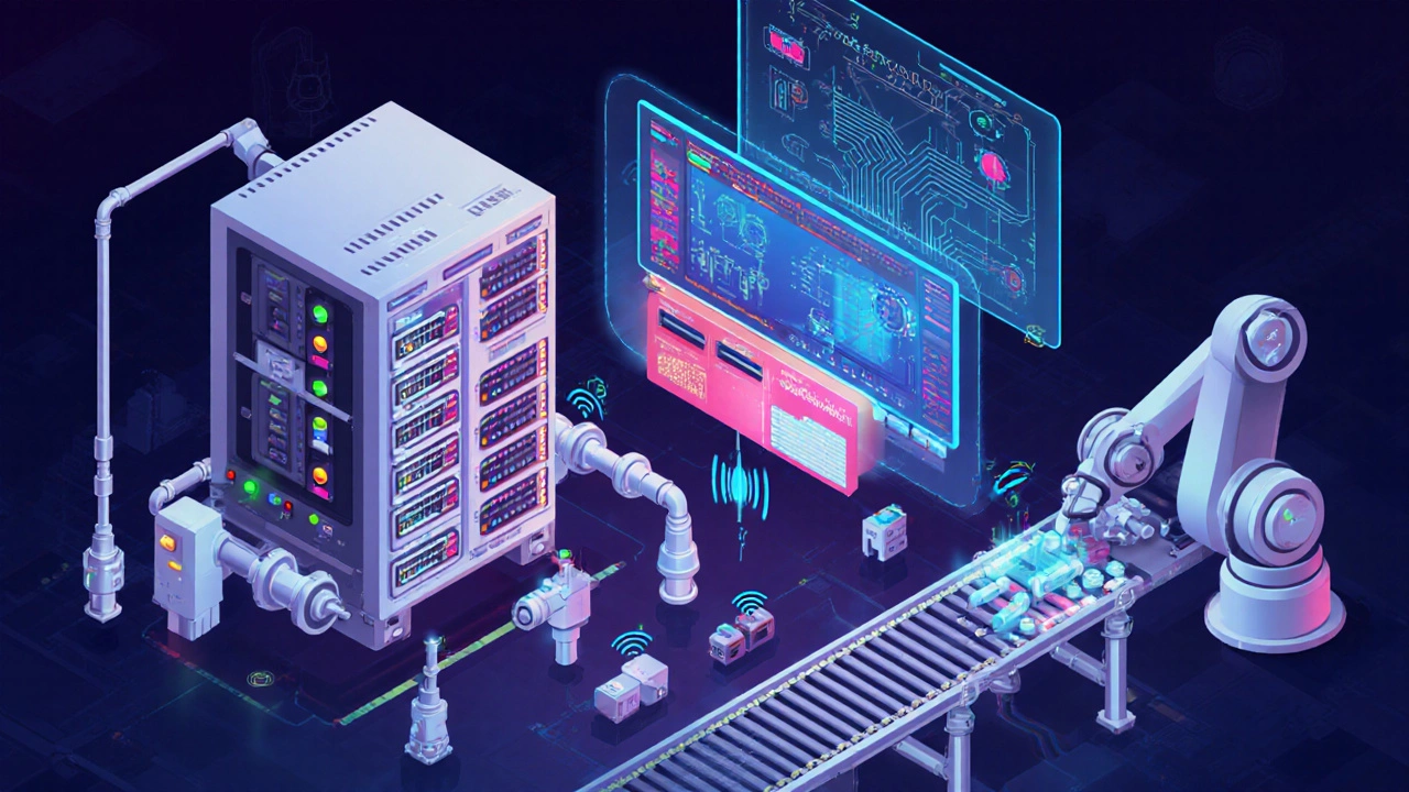 Схематическое изображение PLC, SCADA, робота, IoT‑датчиков и цифрового двойника.