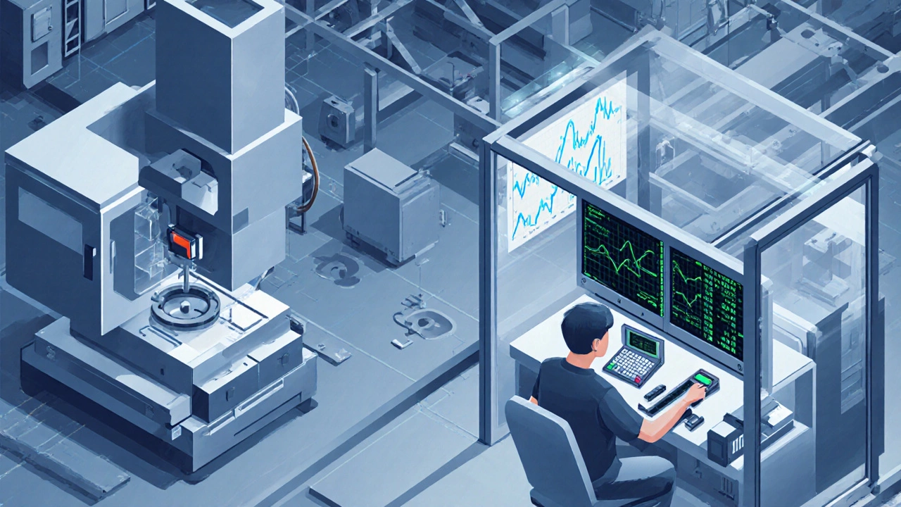 Станции производства с измерительными приборами и контрольными графиками в изометрическом виде.