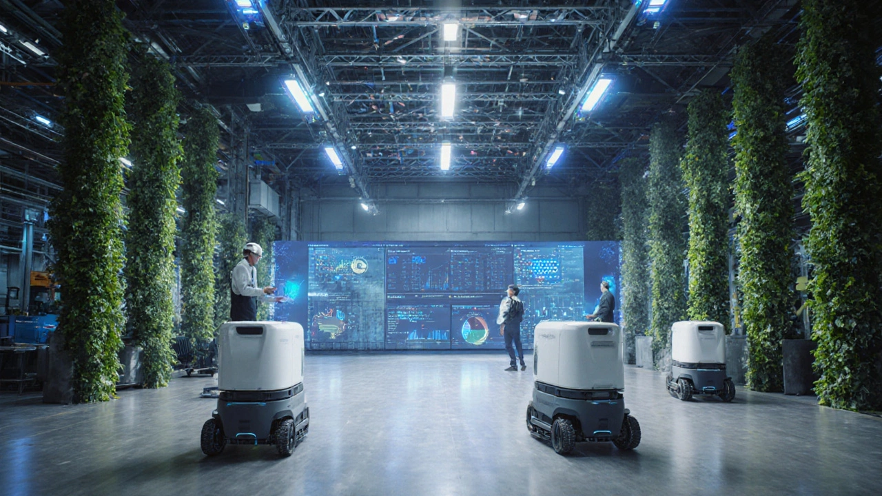 Умный завод будущего: автономные роботы, операторы в AR‑очках, 5G‑антенны и зелёные стены.
