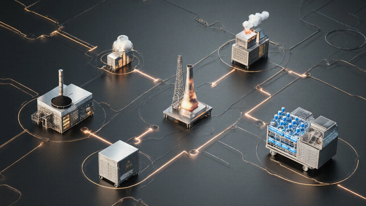 Цепочка промышленности: шахта, электростанция, завод, упаковка — все связано светящимися линиями.
