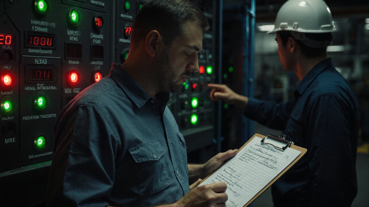 Директор завода смотрит на индикаторы качества: зелёные и красные лампы на стене, в руке — планшет с данными.