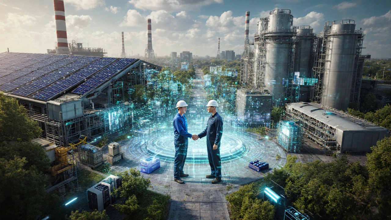 Футуристический завод, превращающийся в экосистему с солнечными панелями и голографическими интерфейсами.