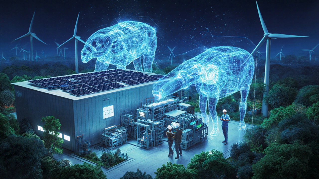 Футуристический завод с цифровыми двойниками и солнечными панелями.