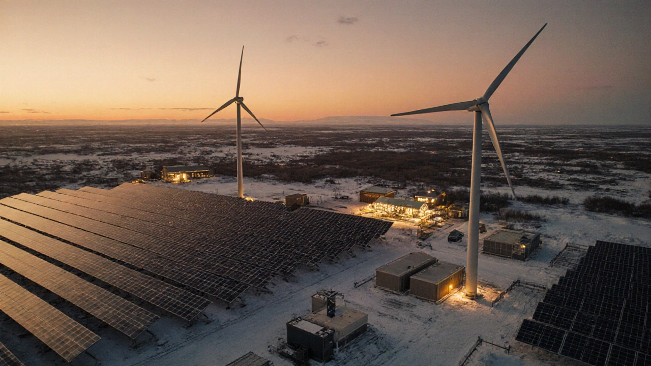 Гибридная ветро-солнечная электростанция на Камчатке с видом на удалённую деревню