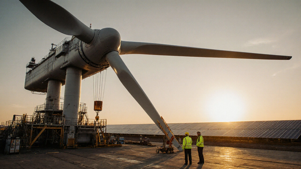 Гигантская ветровая турбина на производстве под закатом.