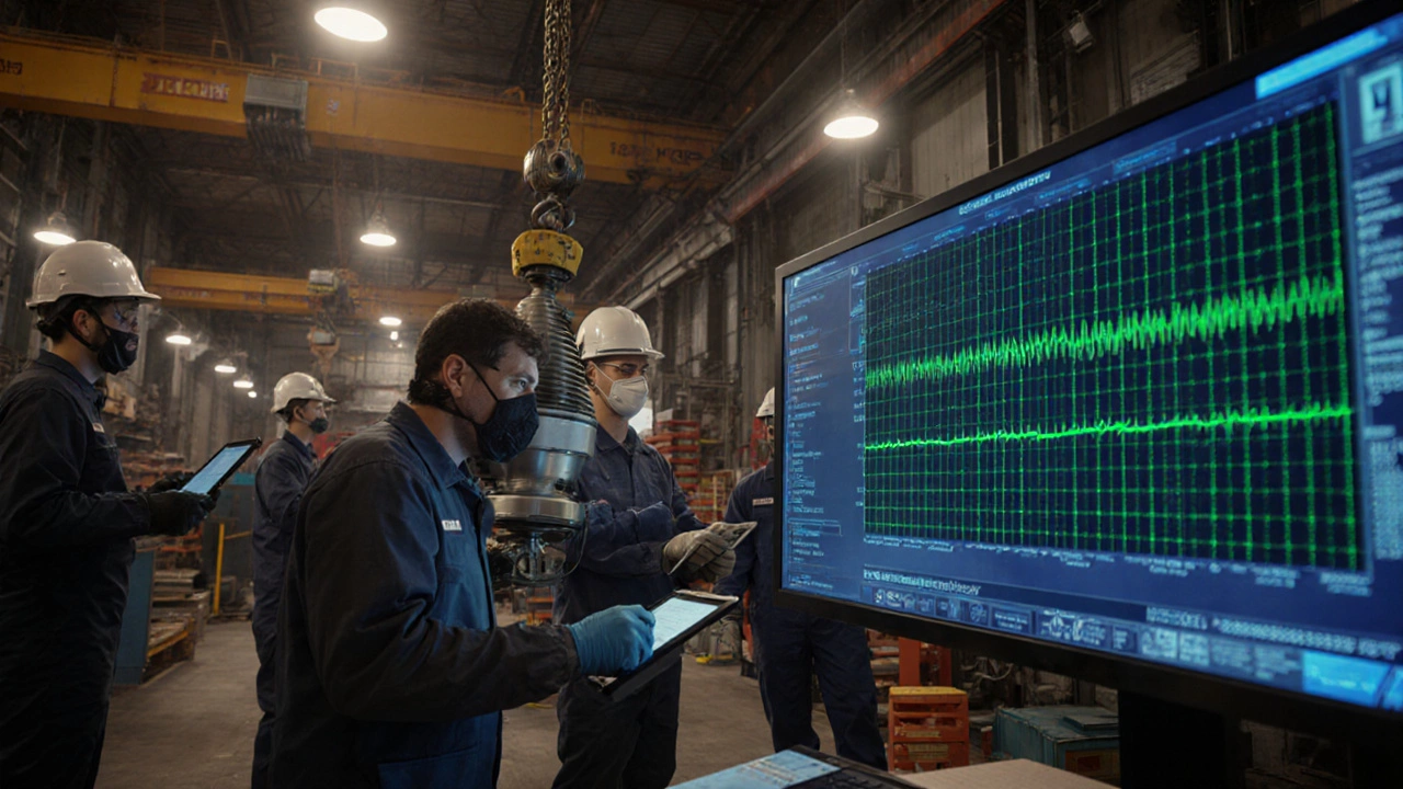 Инженеры анализируют отказавший элемент турбины с помощью ультразвукового дефектоскопа.