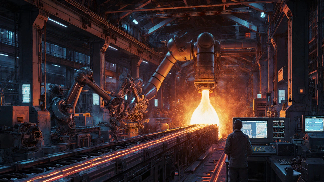 Производственная линия с роботами и конвейерами в ночном цеху под неоновым светом.