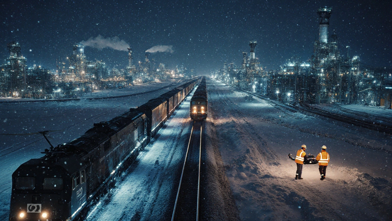 Промышленная зона в Сибири с поездами, дронами и работающими людьми при снегопаде.
