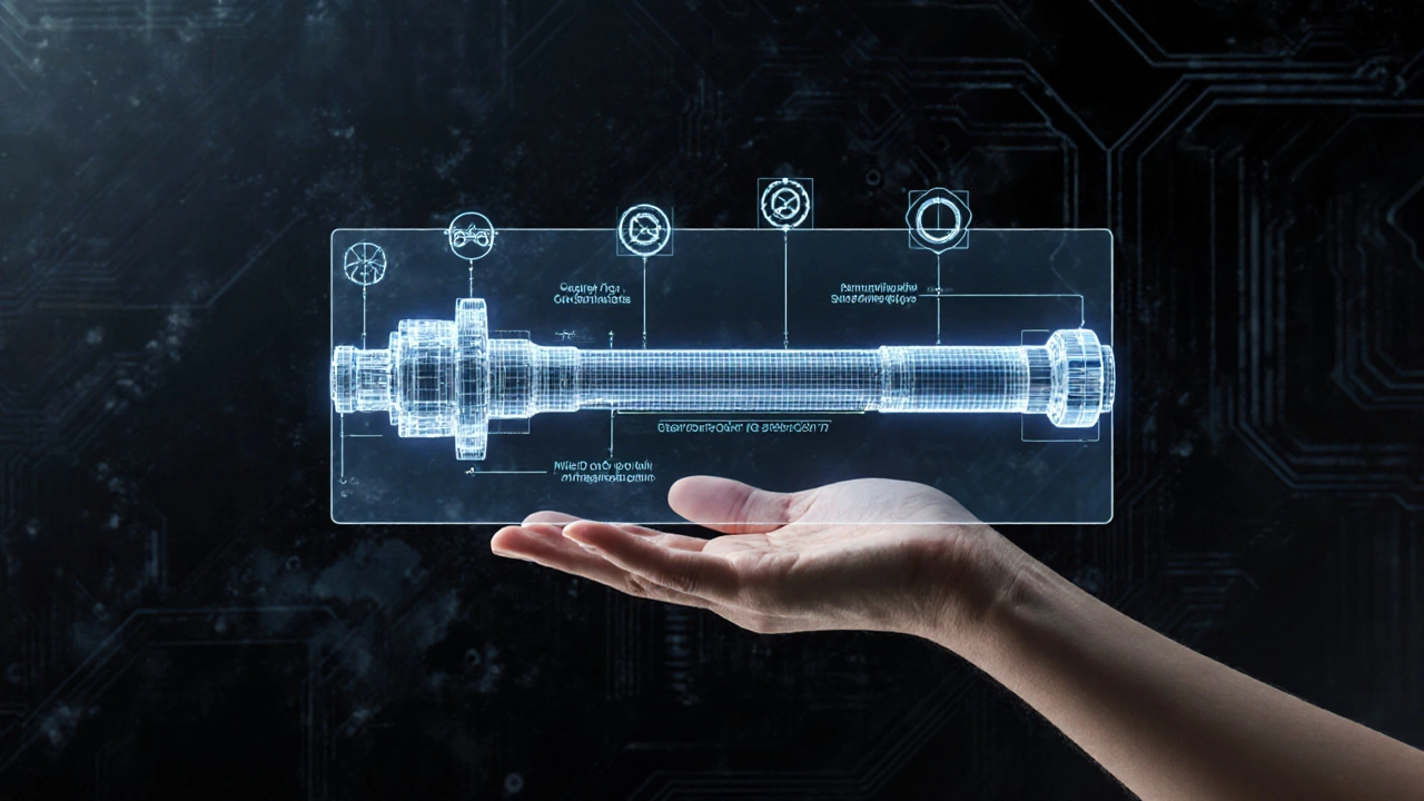 Прозрачная 3D-модель вала с внутренними обозначениями допусков и стандартов ГОСТ.