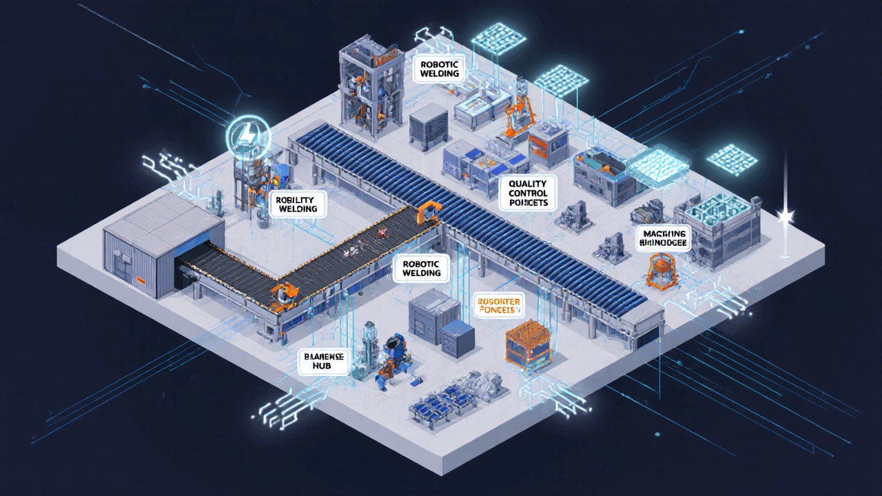 Разрез завода с показом цехов, конвейеров и систем управления.