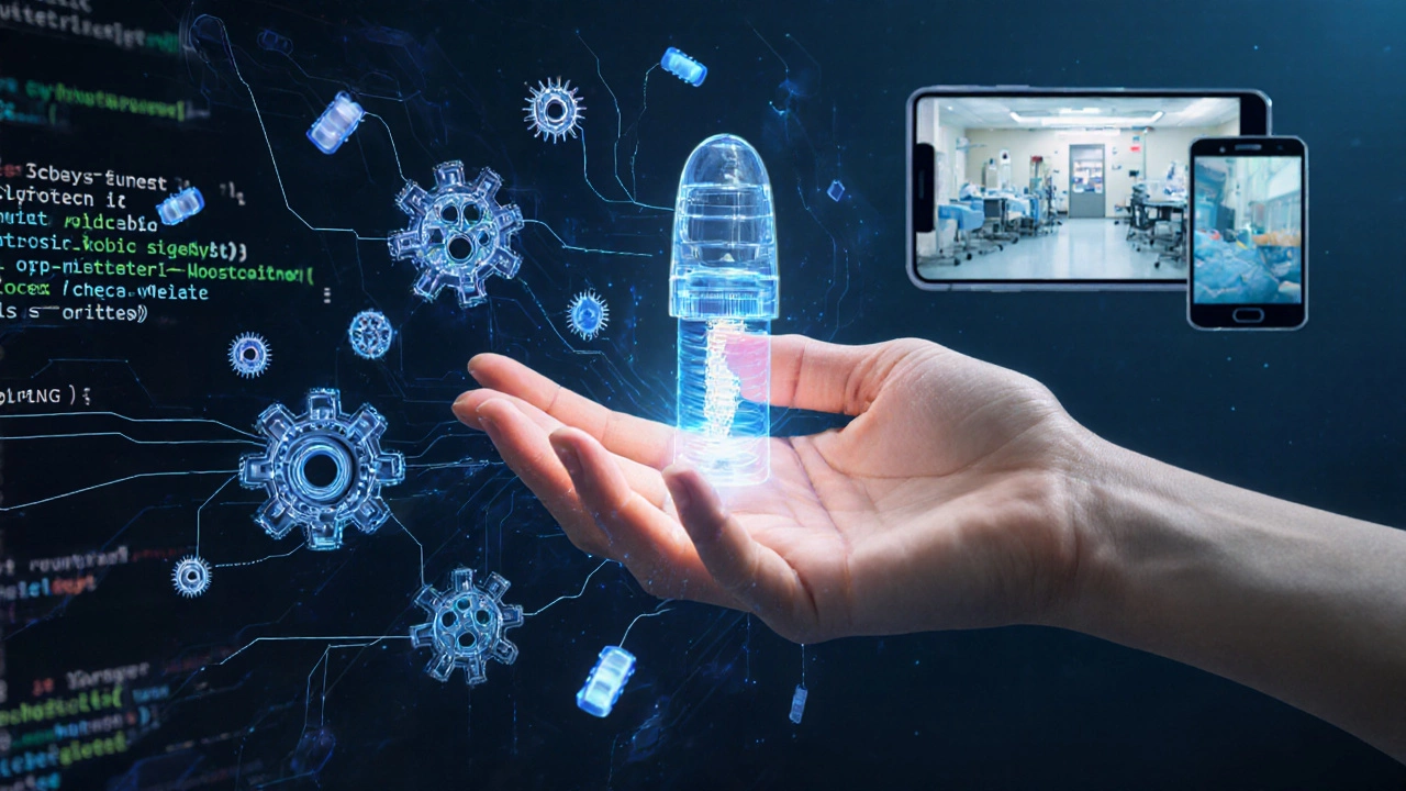 Рука держит 3D-печатный медицинский имплант, окруженный микрокомпонентами.