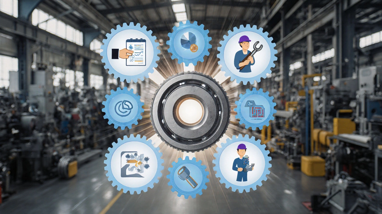 Семь взаимосвязанных шестерёнок символизируют принципы менеджмента качества, в центре — замена бракованного подшипника.