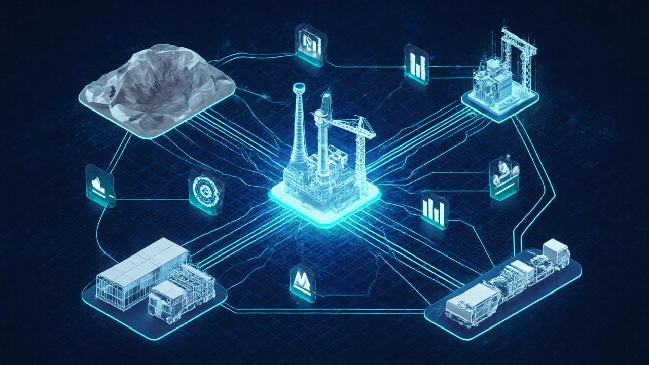 Схема промышленной цепочки: шахты, заводы, лаборатории и логистика, соединённые светящимися потоками данных.