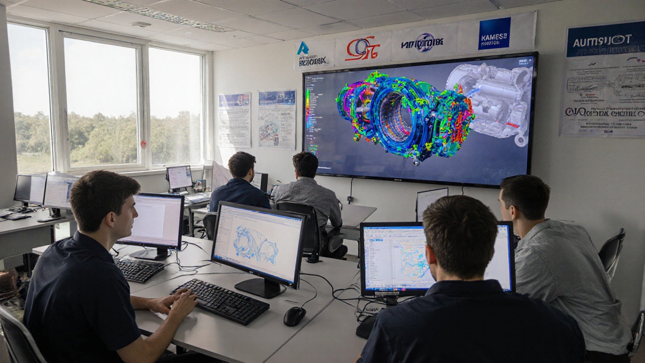 Студенты в технопарке работают с CAD-программами над сборками для машиностроения.