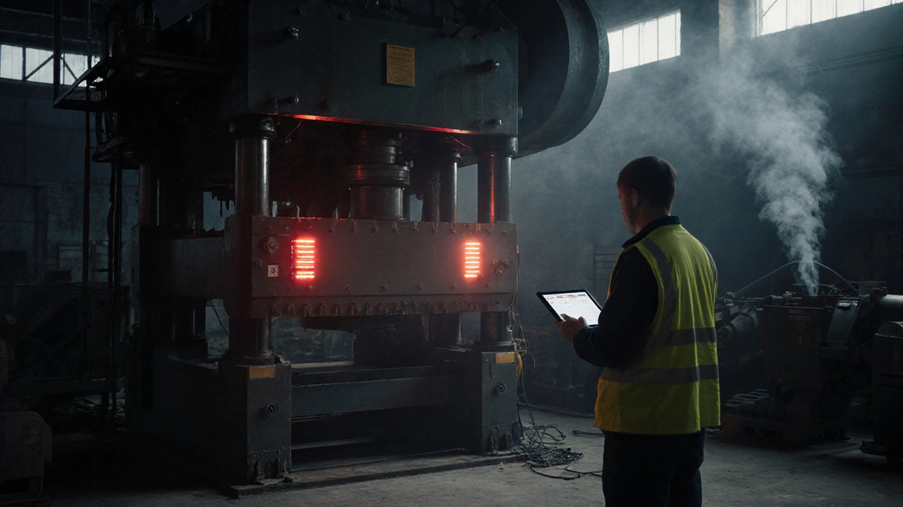 Техник проверяет предиктивную систему обслуживания на вибрирующем прессе с датчиками.