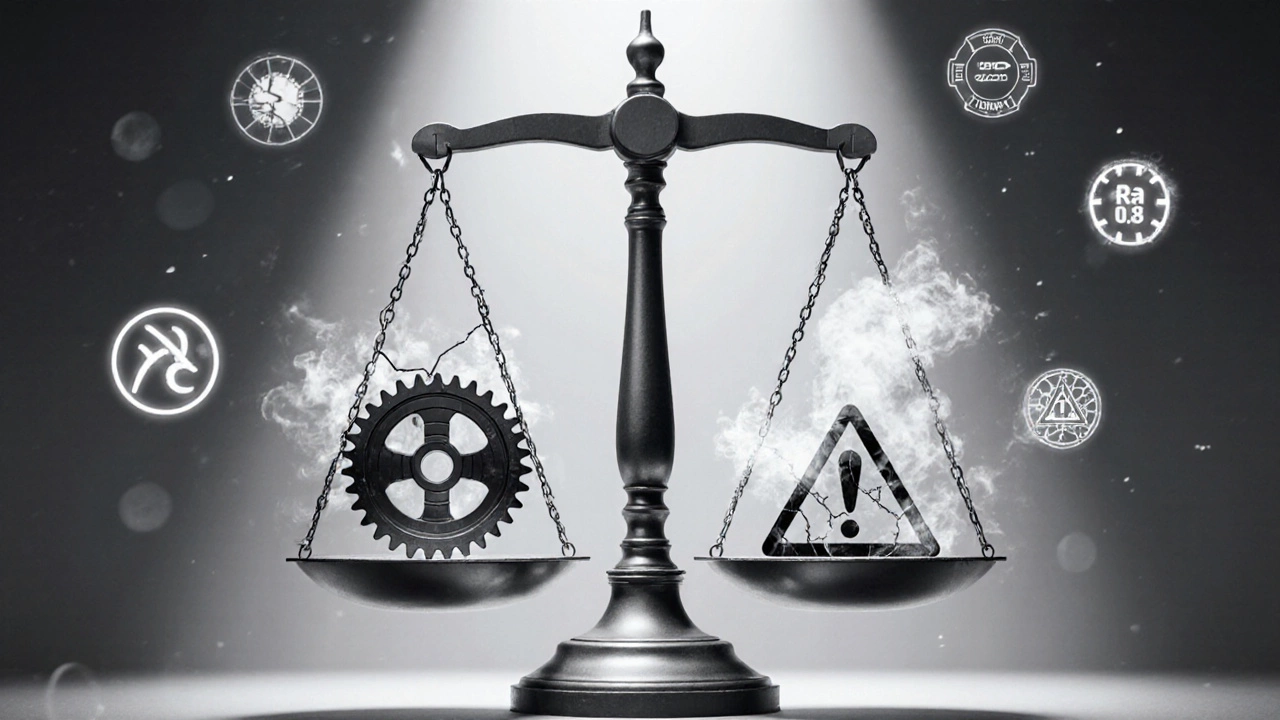 Весы с идеальной деталью с одной стороны и бракованными компонентами с другой, символы качества вокруг.