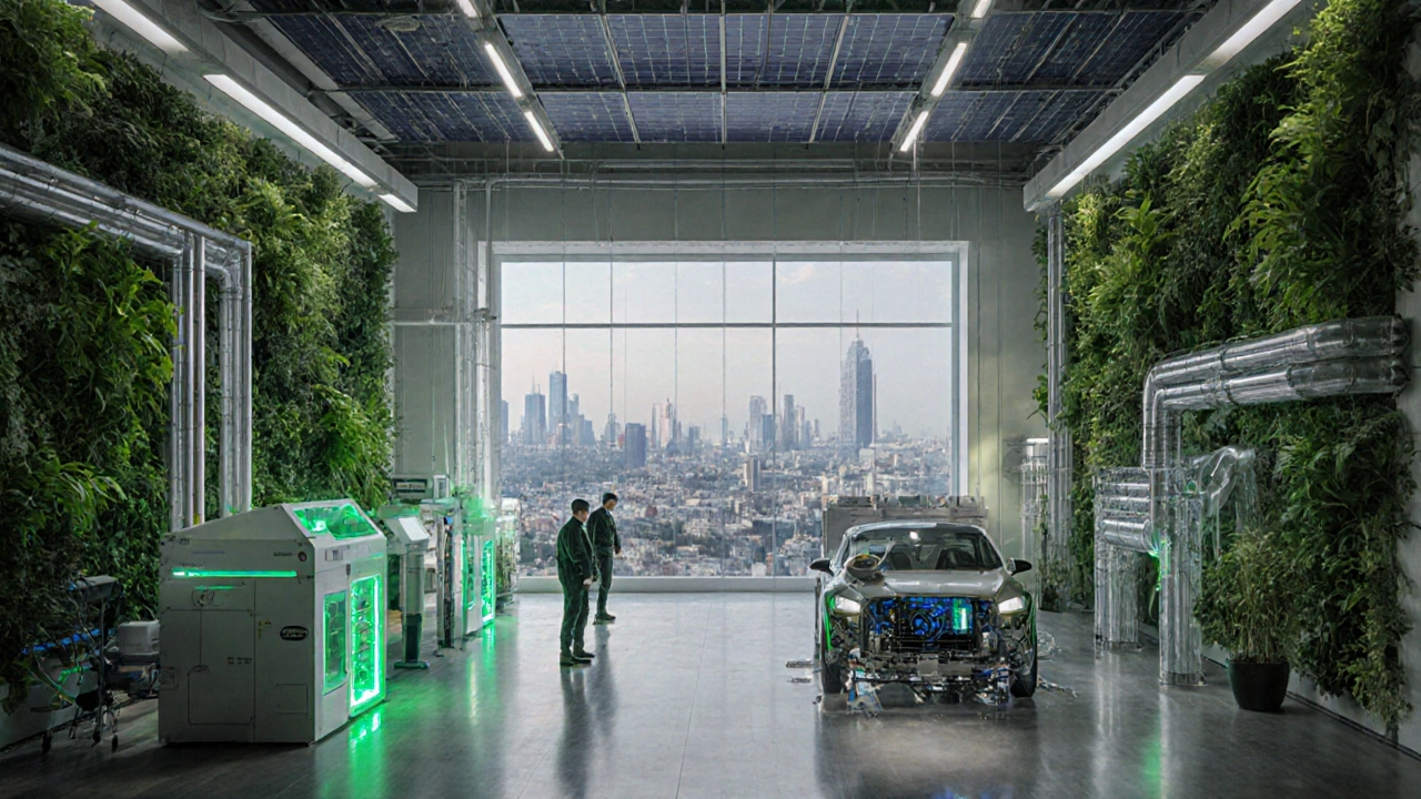 Зелёный завод 2025 года с вертикальными садами, системами переработки воды и работниками, управляющими 3D-принтерами.