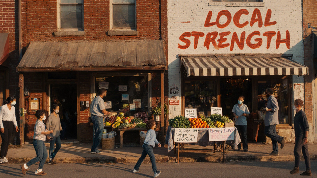 Живая улица в маленьком городе: автосервис, рынок овощей и местные жители возвращаются к жизни.
