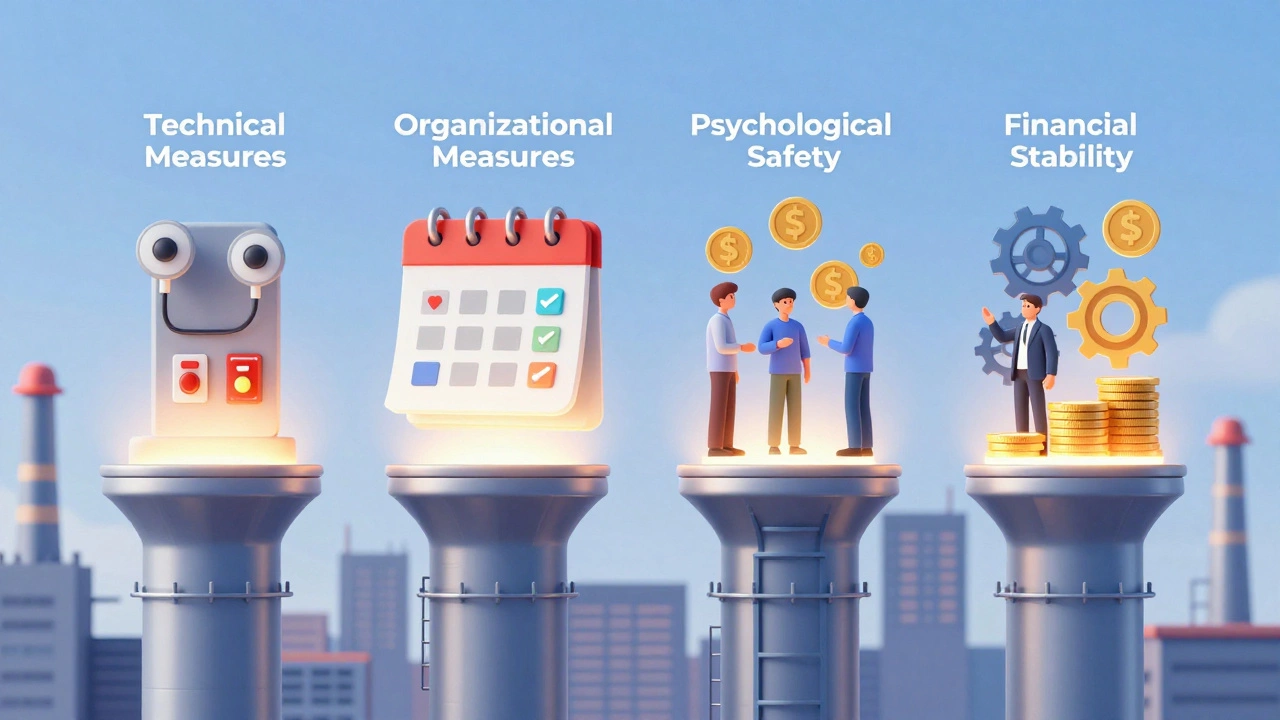 Четыре опоры поддерживают завод: техника, организация, психология и финансы — без бумаг и форм.