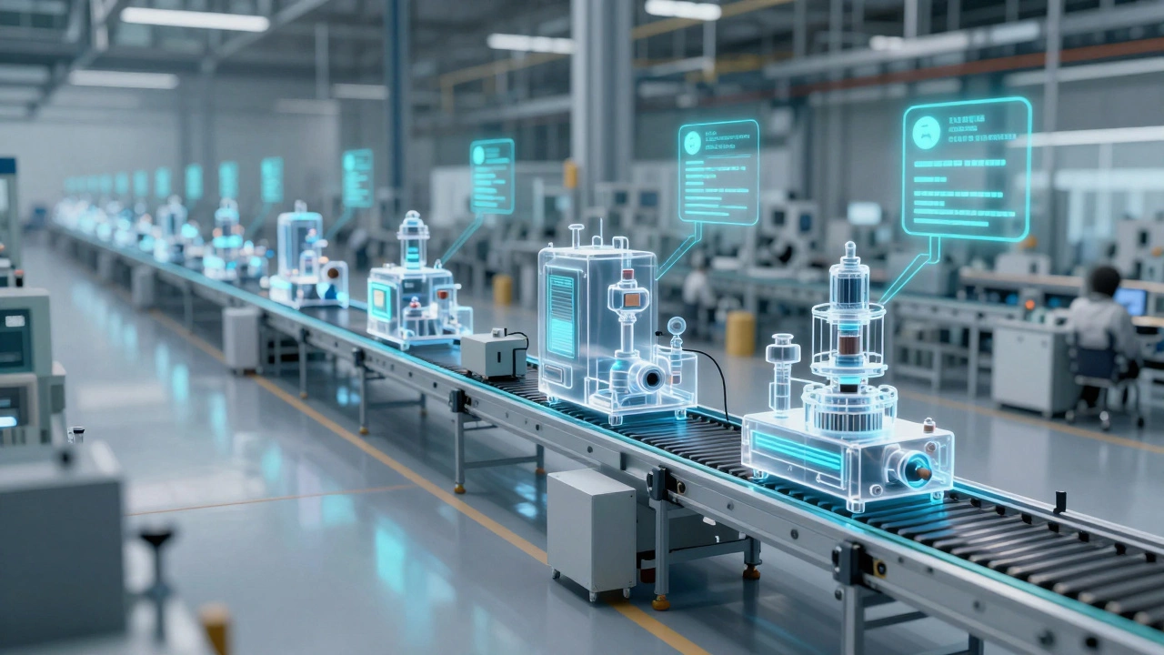 Цифровой двойник производственной линии с потоками данных и прогнозными оповещениями.