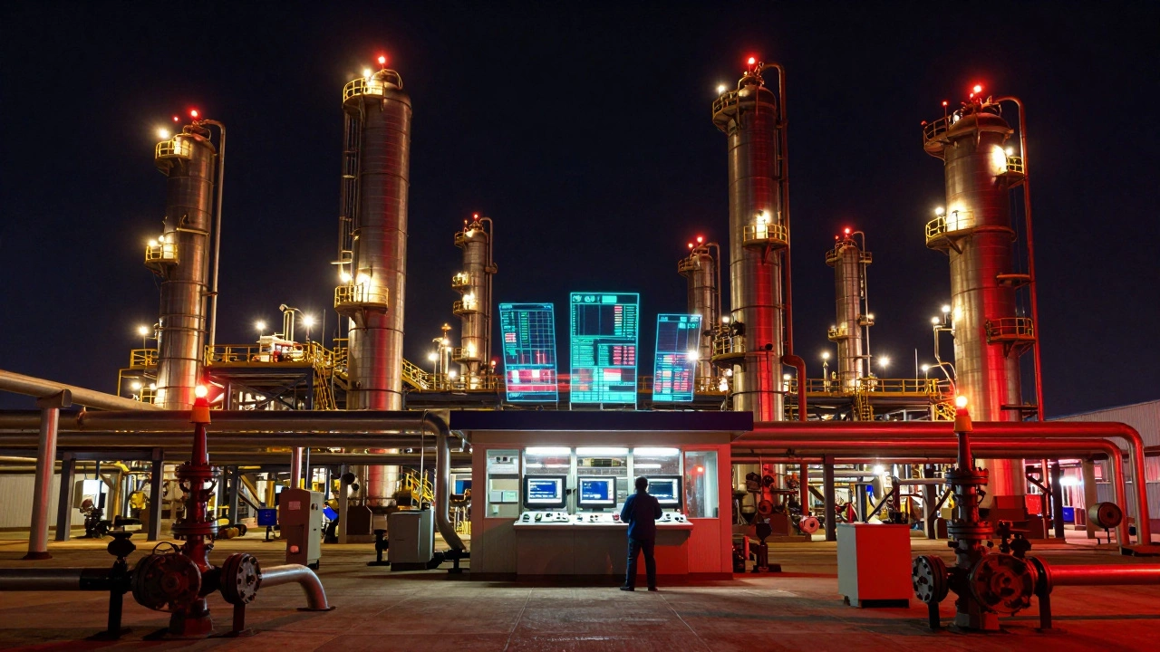 Химический завод ночью с мигающими датчиками и центральным пунктом управления.