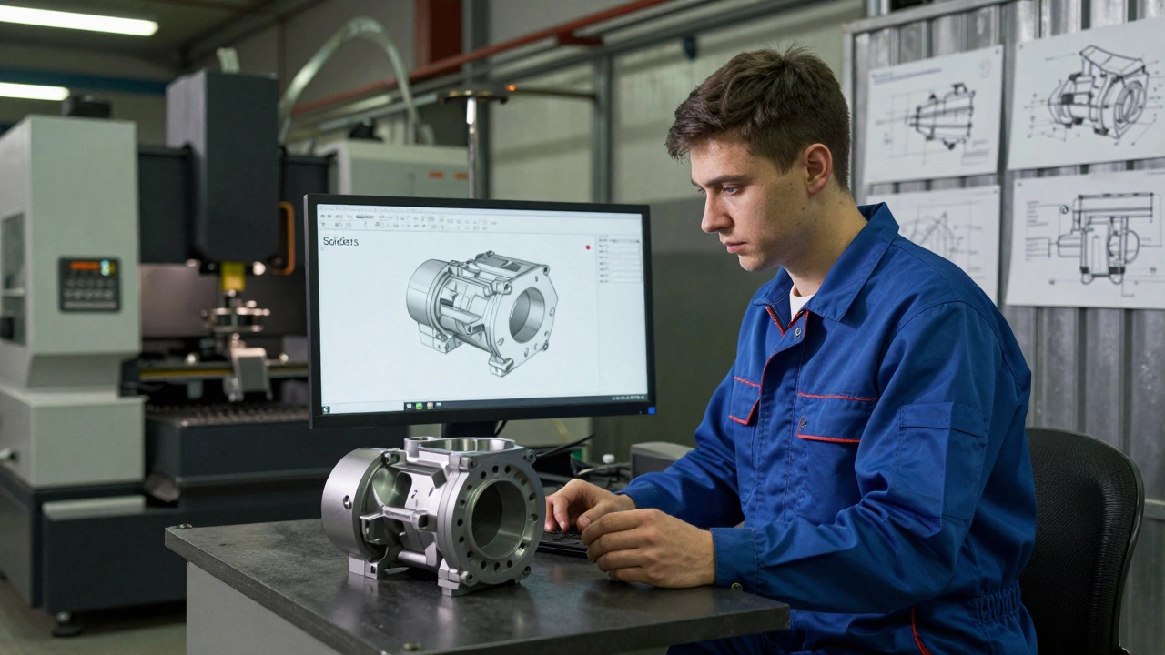 Инженер на заводе проверяет 3D-печать детали рядом с экраном SolidWorks.