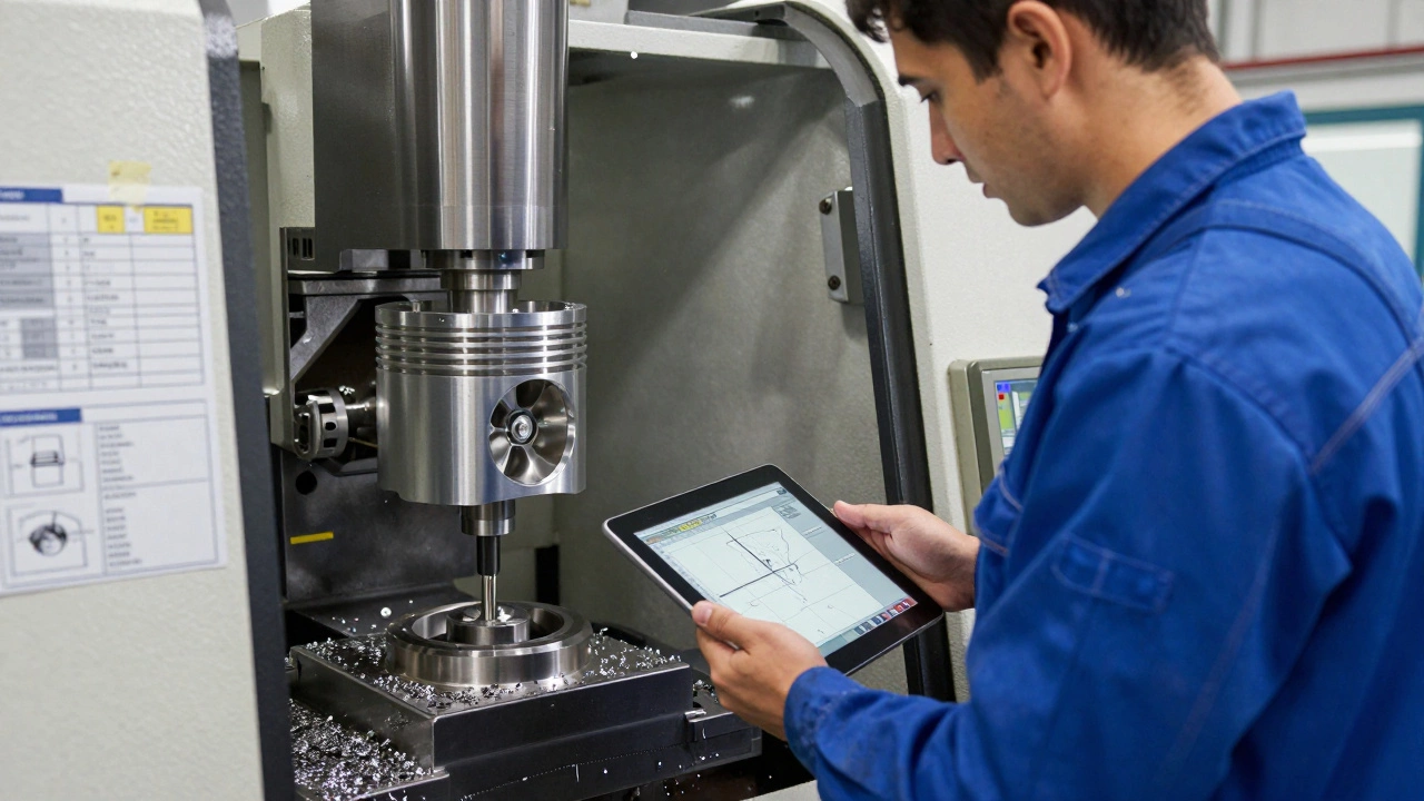 Инженер-технолог у станка с деталью и технологической картой на панели.