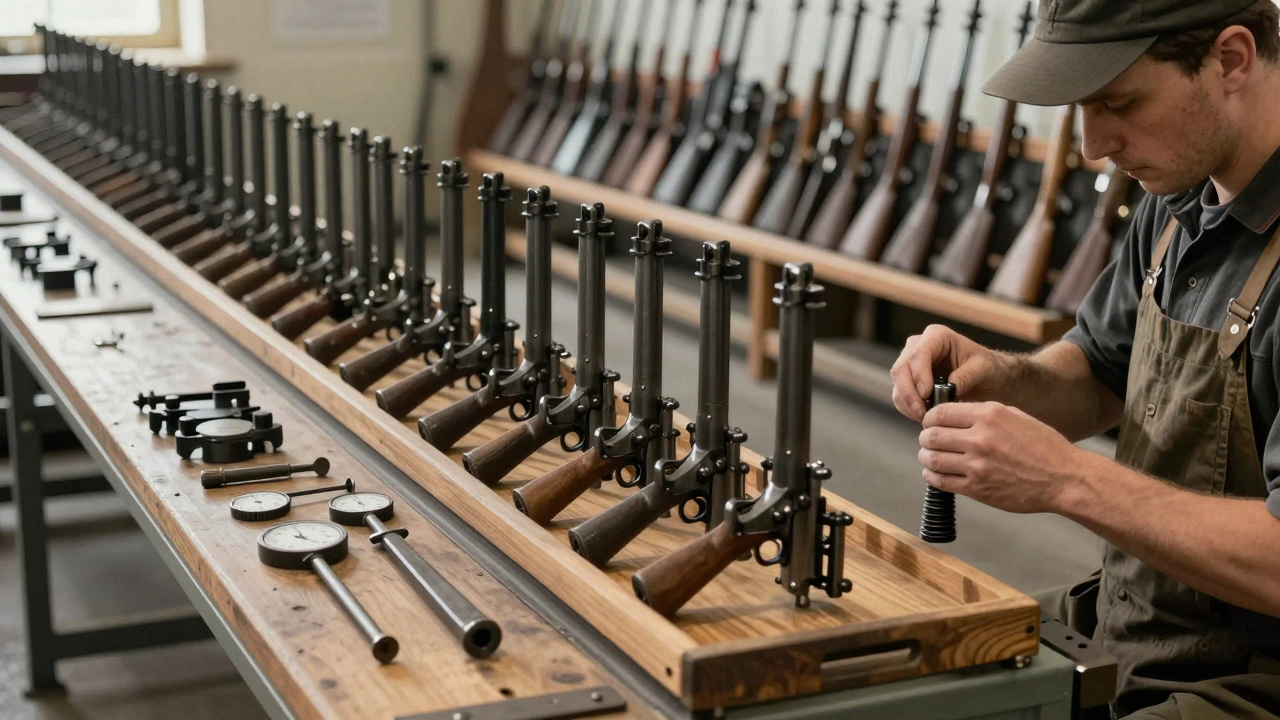 Одинаковые детали винтовок выстроены в ряд на производственной линии, рабочий устанавливает одну из них.