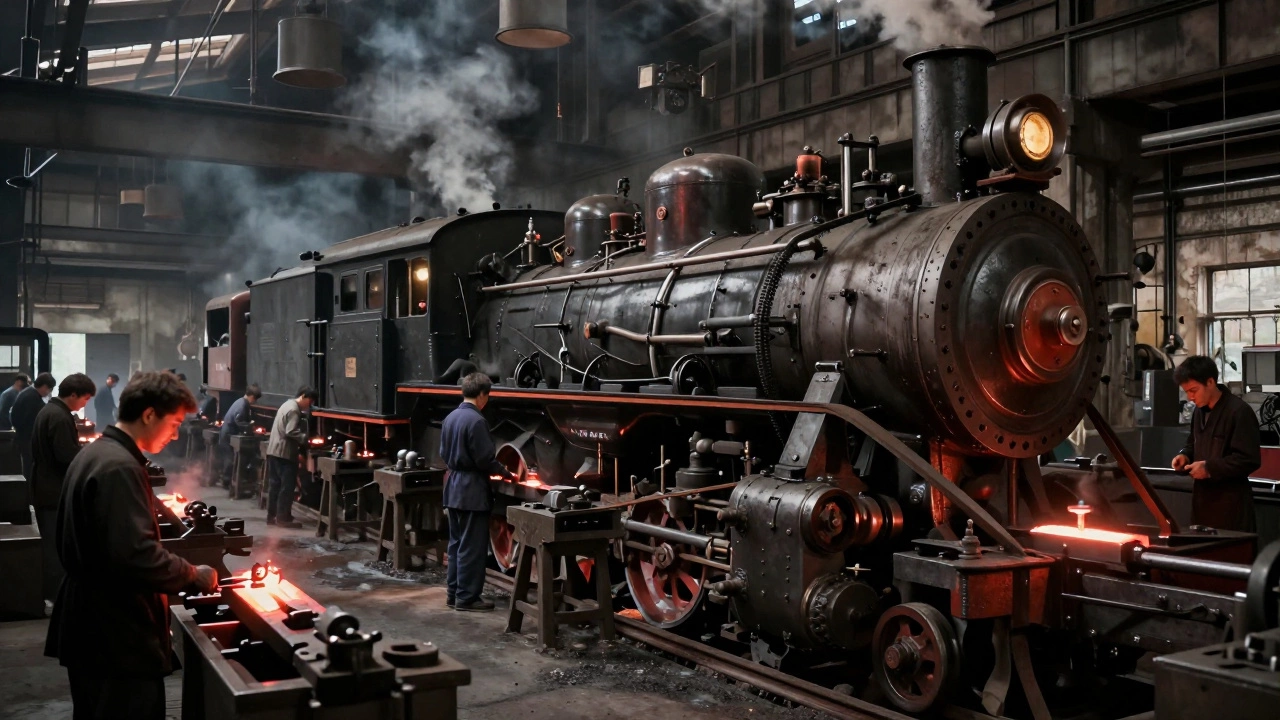 Паровой двигатель приводит в движение множество станков через ременную передачу в дымном цеху.