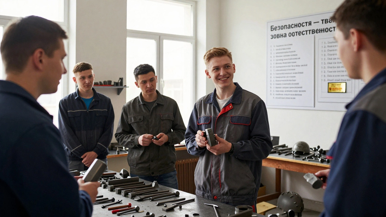 Рабочий демонстрирует самодельное крепление для инструмента, на стене — рейтинг предложений по безопасности.