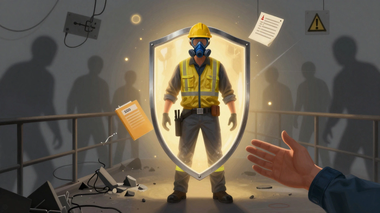 Рабочий в центре щита безопасности, вокруг — символы защиты: каска, респиратор, инструкции и помощь коллеге.