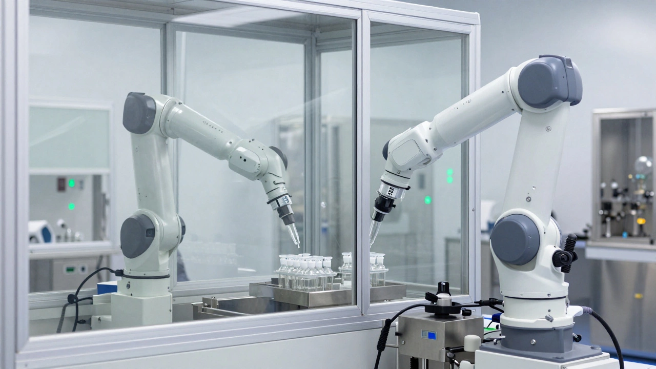 Роботы в стерильной фармацевтической лаборатории заполняют ампулы без участия человека.