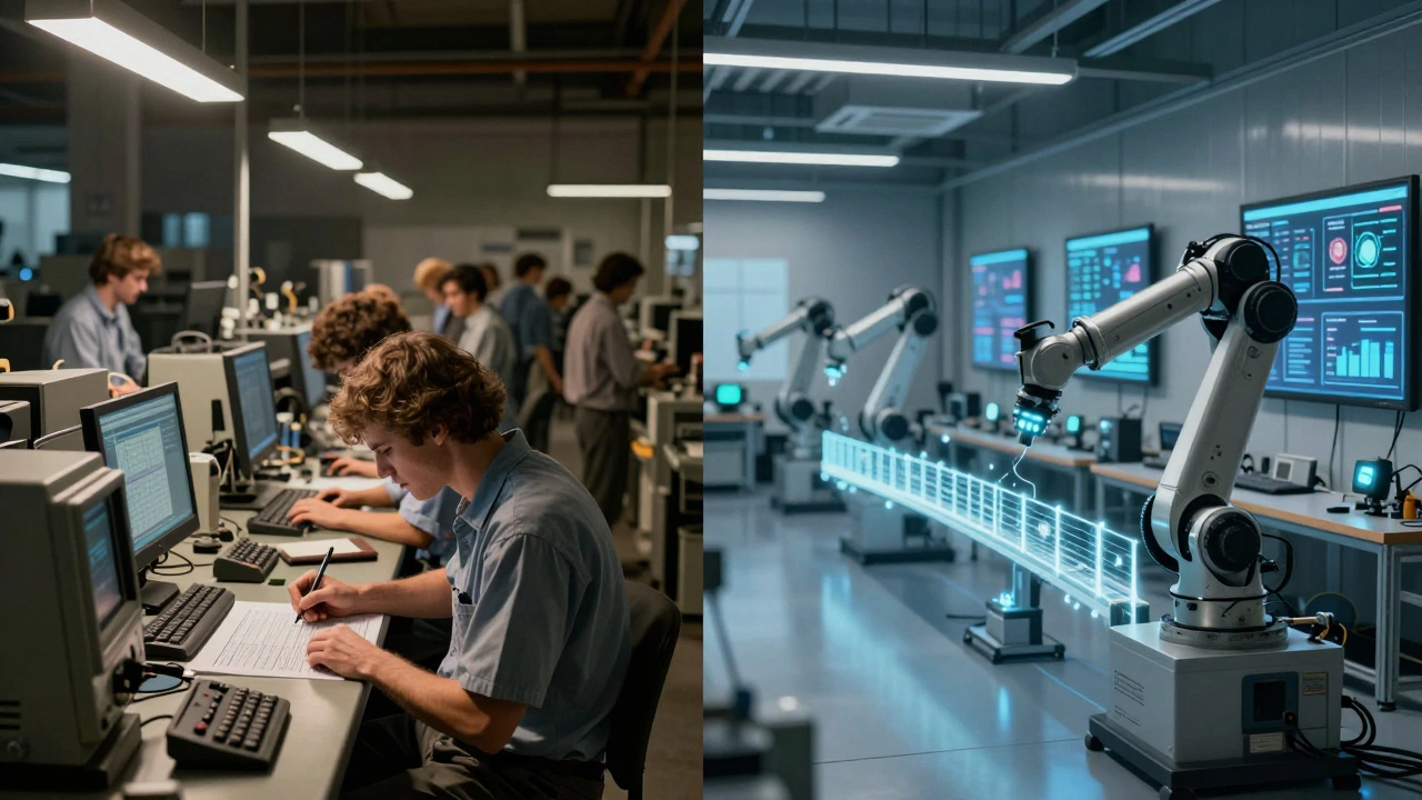 Сравнение старого шумного завода и современного цифрового производства в одной композиции.