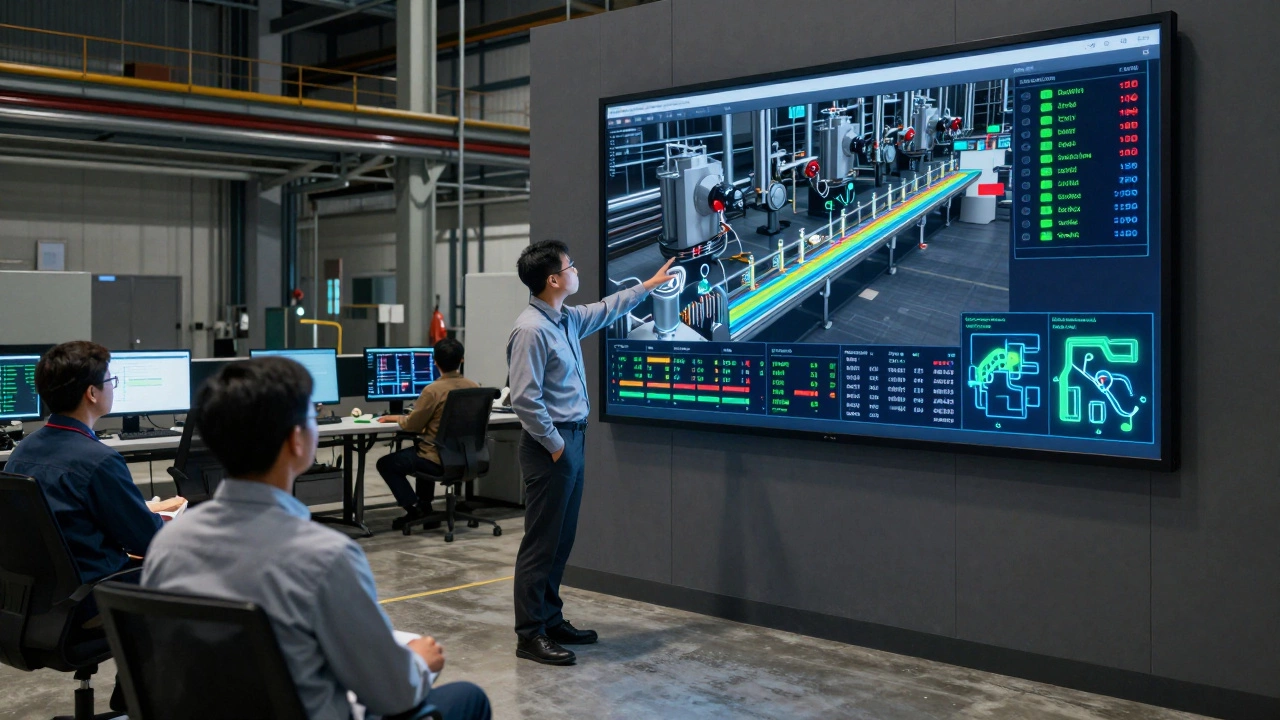 Техник анализирует цифрового двойника производственной линии на большом экране в центре управления.