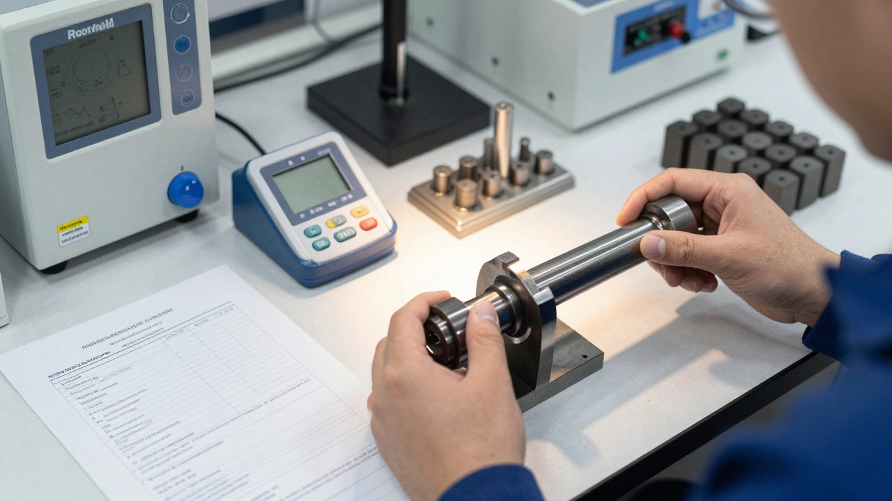 Техник проводит ультразвуковой контроль стального вала в лаборатории качества.