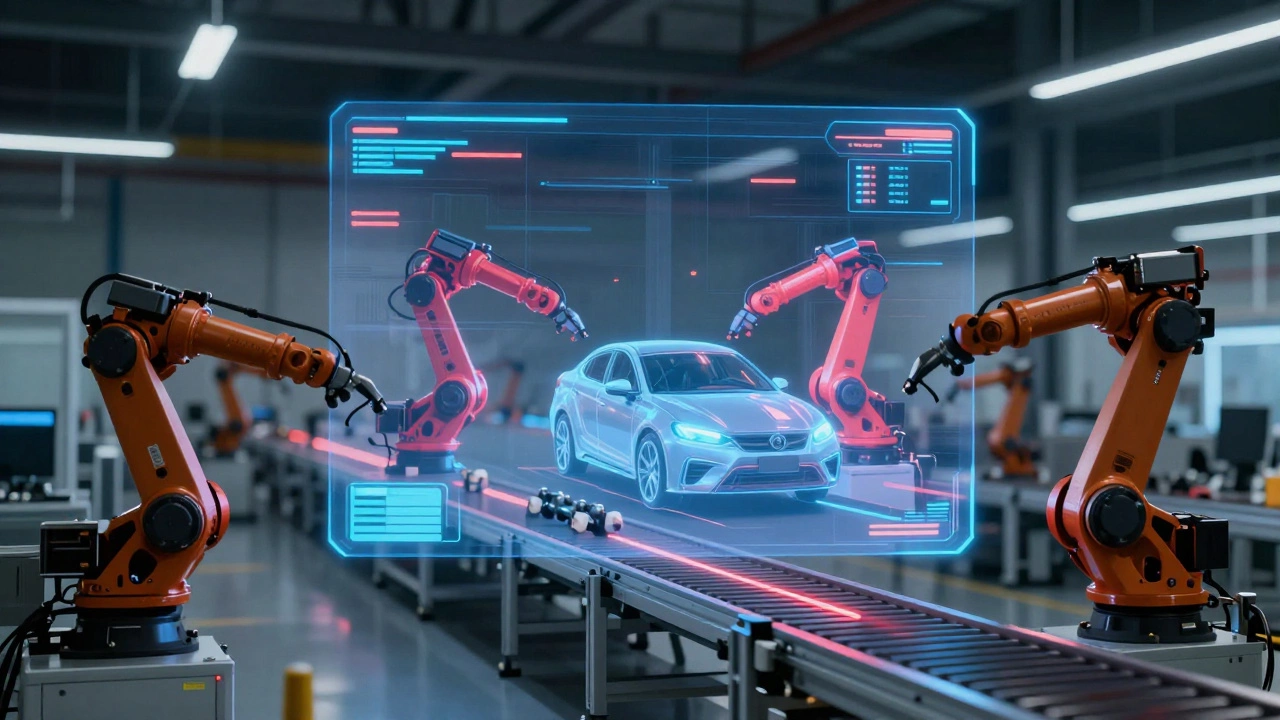 Цифровой двойник сборочной линии в виде голографической проекции над реальным роботом.