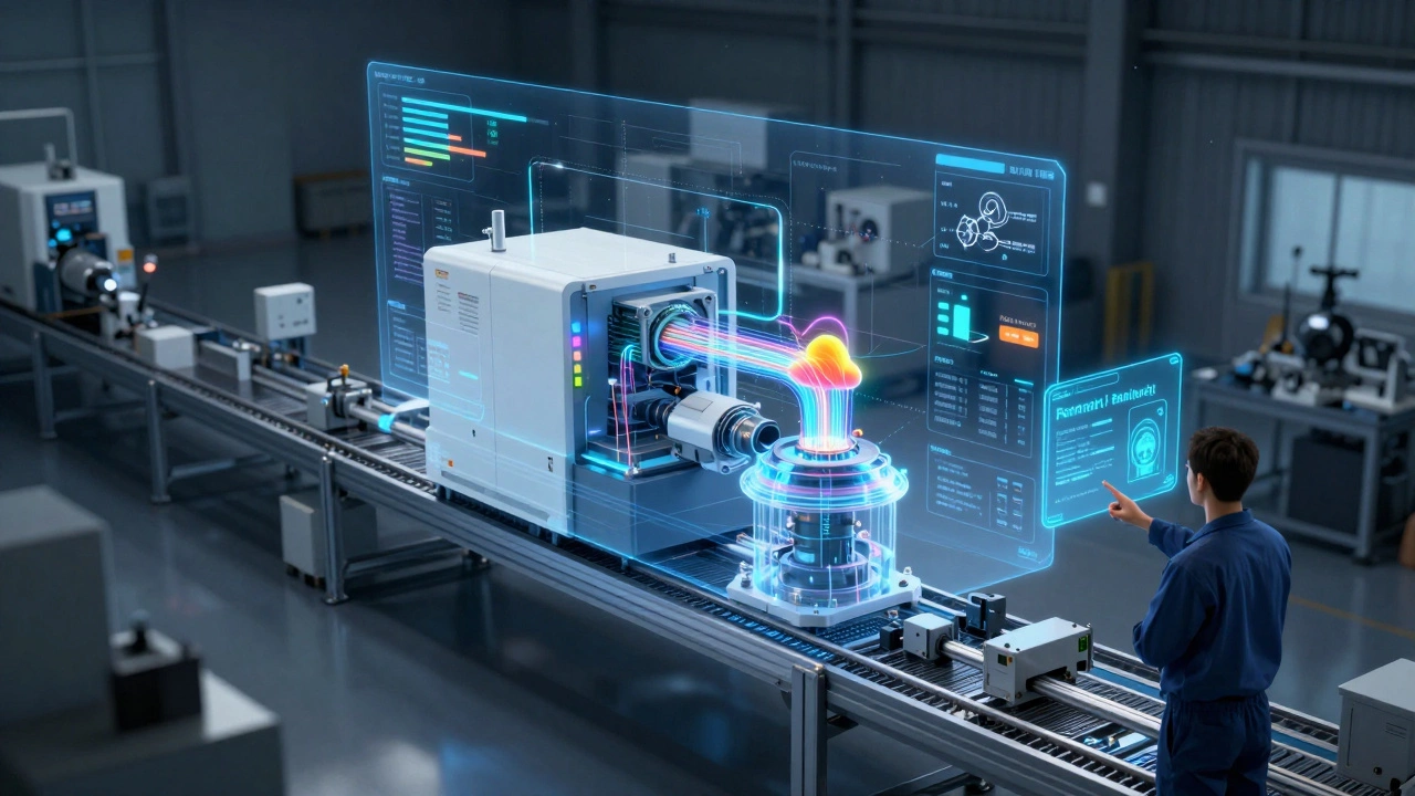 Цифровой двойник станка с потоками данных и предупреждениями о неисправности.